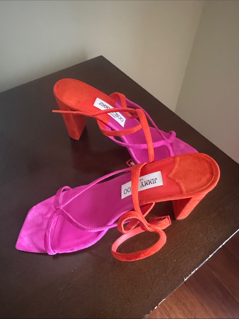 Jimmy Choo Pink & Red Suede Strappy Block Heel Sandals - Picture 2 of 3
